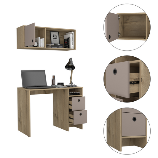 Khali Office Set, Two Shelves, Two Drawers, Wall Cabinet, Single Door Cabinet, -Light Oak / Taupe